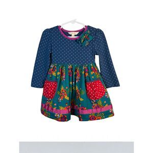 Matilda Jane Dress Blue Green Floral with Red Pockets Style 28035D Size 2
